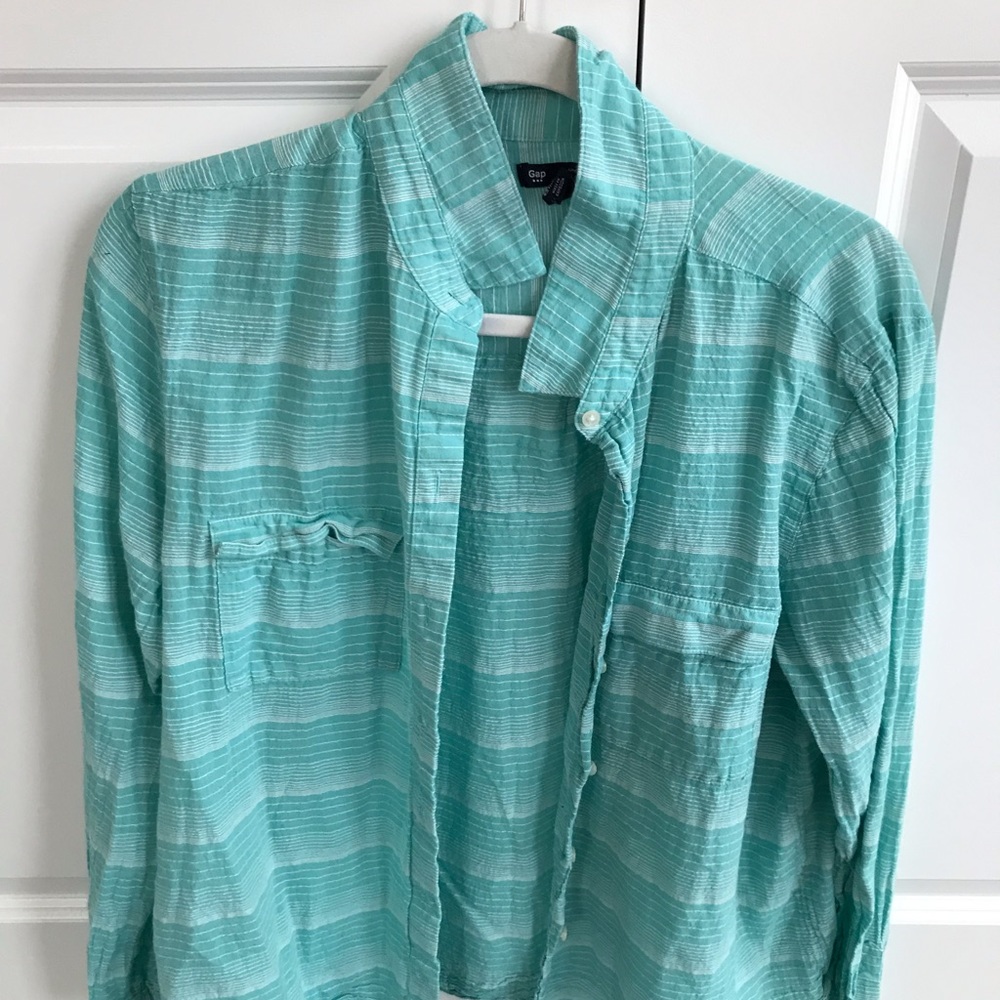 teal colored button down with white stripes